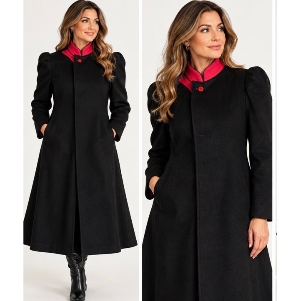 Vintage Alorna Wool Coat Womens Black Red Lined Long Princess Puff Sleeve gothic